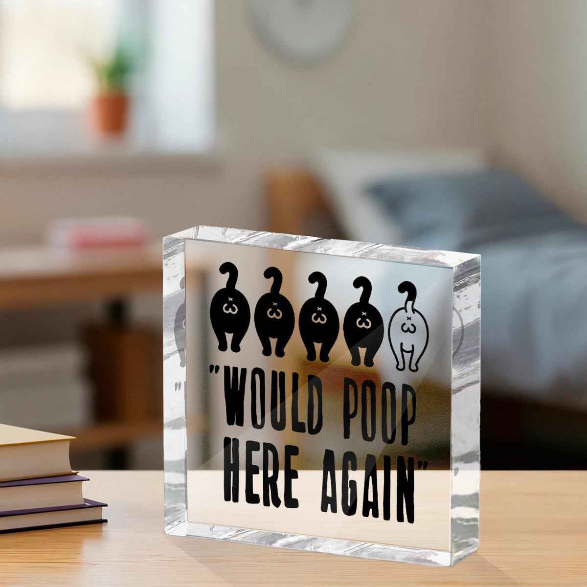 Funny Cat Bathroom Decor Acrylic Decorative Signs 4X4 Inch, Humorous Decorations for Bathroom Home Shelf Toilet, Cat Lover Gifts for Women Men Friends, Would Poop Here Again