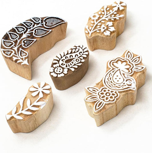 Wooden Printing Stamps - Wooden Block Stamps - Indian Textile Printing Blocks for Tattoo Clay Pottery Henna Card Making Pack of 5, Hashcart®