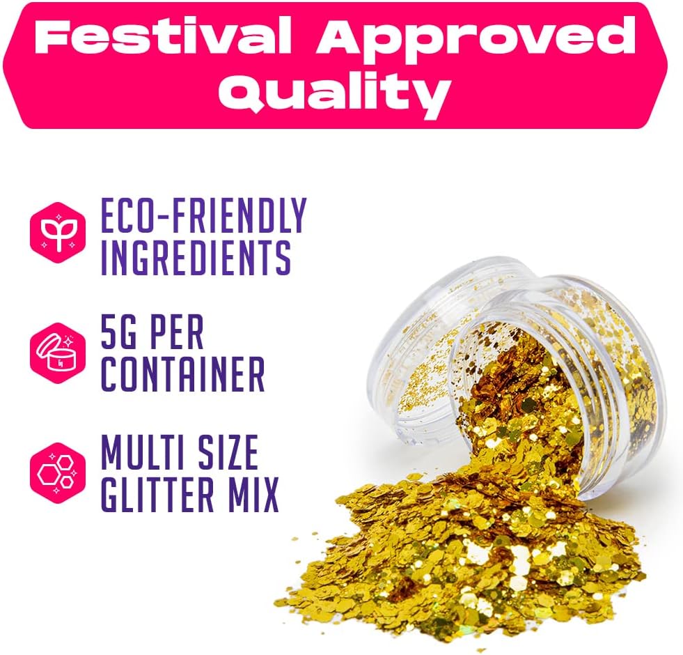 Gold Biodegradable Glitter Makeup | Plant Based, Eco Friendly, Hair Glitter, Face Glitter or Body Glitter | Cosplay, EDM Music Festival, and Rave Makeup Accessory | 5 Grams of Chunky Glitter