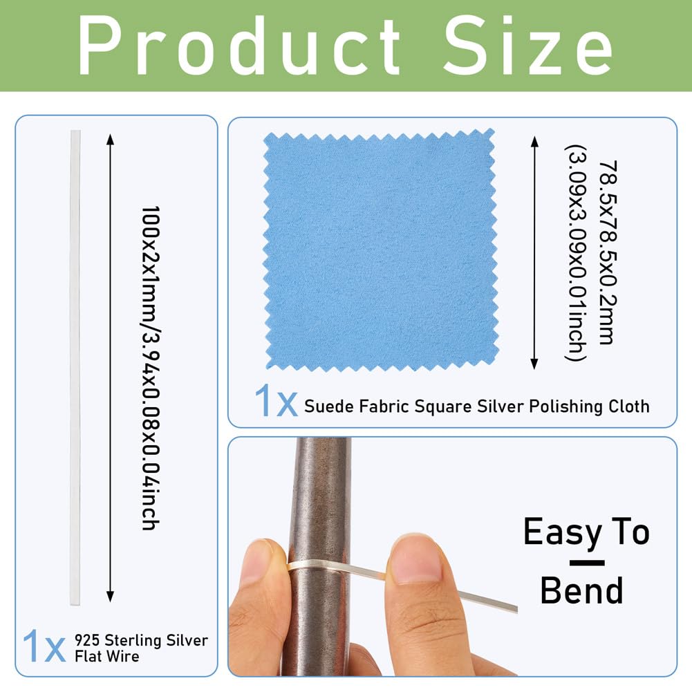 Fashewelry 0.3 ft 925 Sterling Silver Flat Bezel Strip Wire 2mm Soft Metal Stamping Wire with 1pc Cleaning Cloth for Stone Cabochon Rings Bangles Jewelry Making Findings