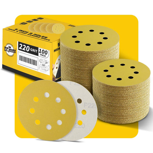 100PCS 5 Inch 220 Grit 125mm 8 Hole Sanding Discs Sandpaper - Premium Gold Round Hook and Loop for Random Orbital Sander - Ideal for Wood, Metal, Automotive