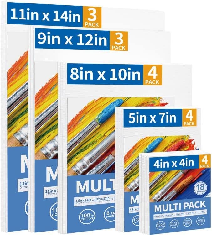 FIXSMITH Canvas Boards for Painting 18 Pack, Multi Pack- 4x4, 5x7, 8x10, 9x12, 11x14 Inches, 100% Cotton Primed Canvas Panels for Acrylic, Oil, Art Supplies for Kids, Adults, Beginners