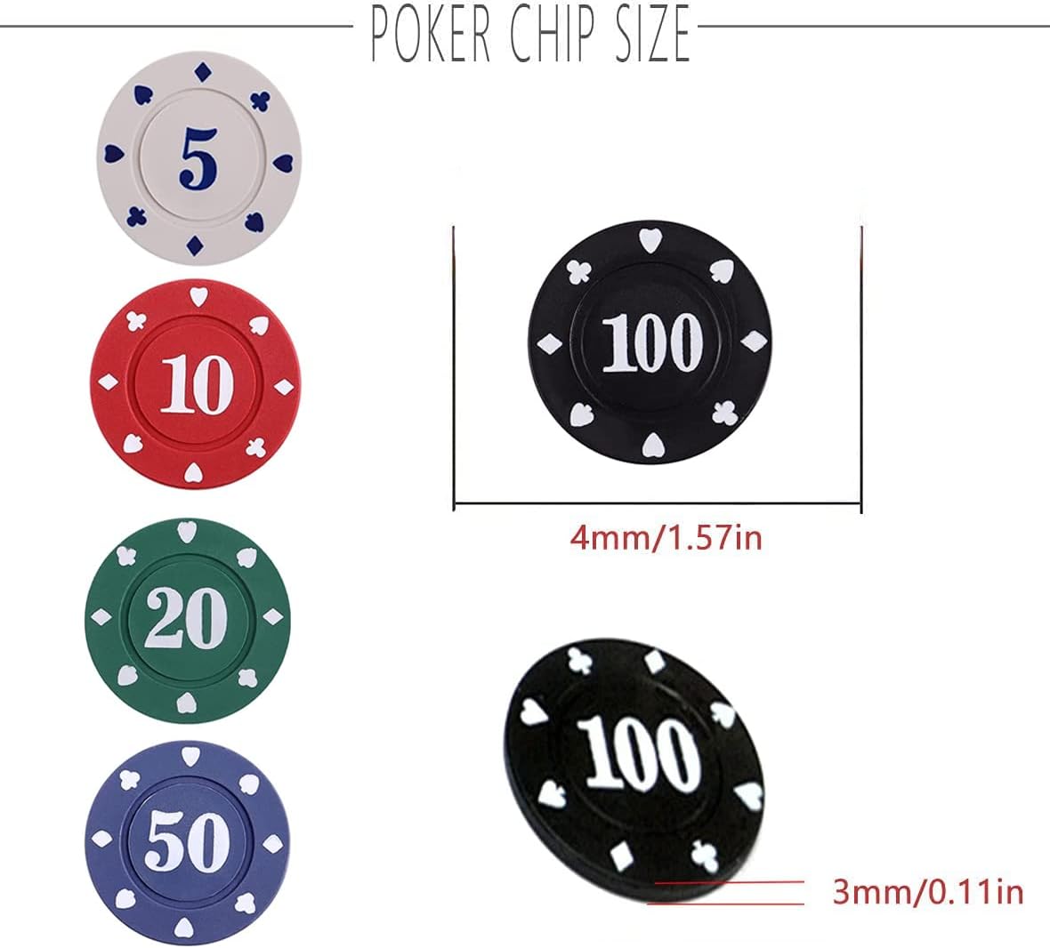 IXIGER Poker Chips,Denomination Poker Chips Set with Black Velvet Pouch Bag,Plastic Learning Counters Disks and Learning Math Counting Chips,Game Night Party Supplies(100pcs)