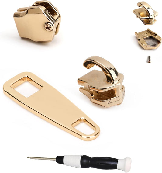AKTIOIN Metal Zipper Repair Kit for Jackets, Luggage, Bags, Backpack, No Sewing Required Detachable Zip Heads Zipper Pull Replacement (#8 Golden)