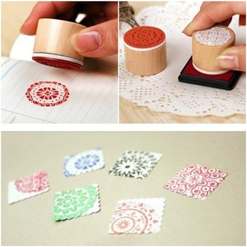 DECORA 6 Pieces Floral Pattern Round Wooden Rubber Stamp for Scrapbooking