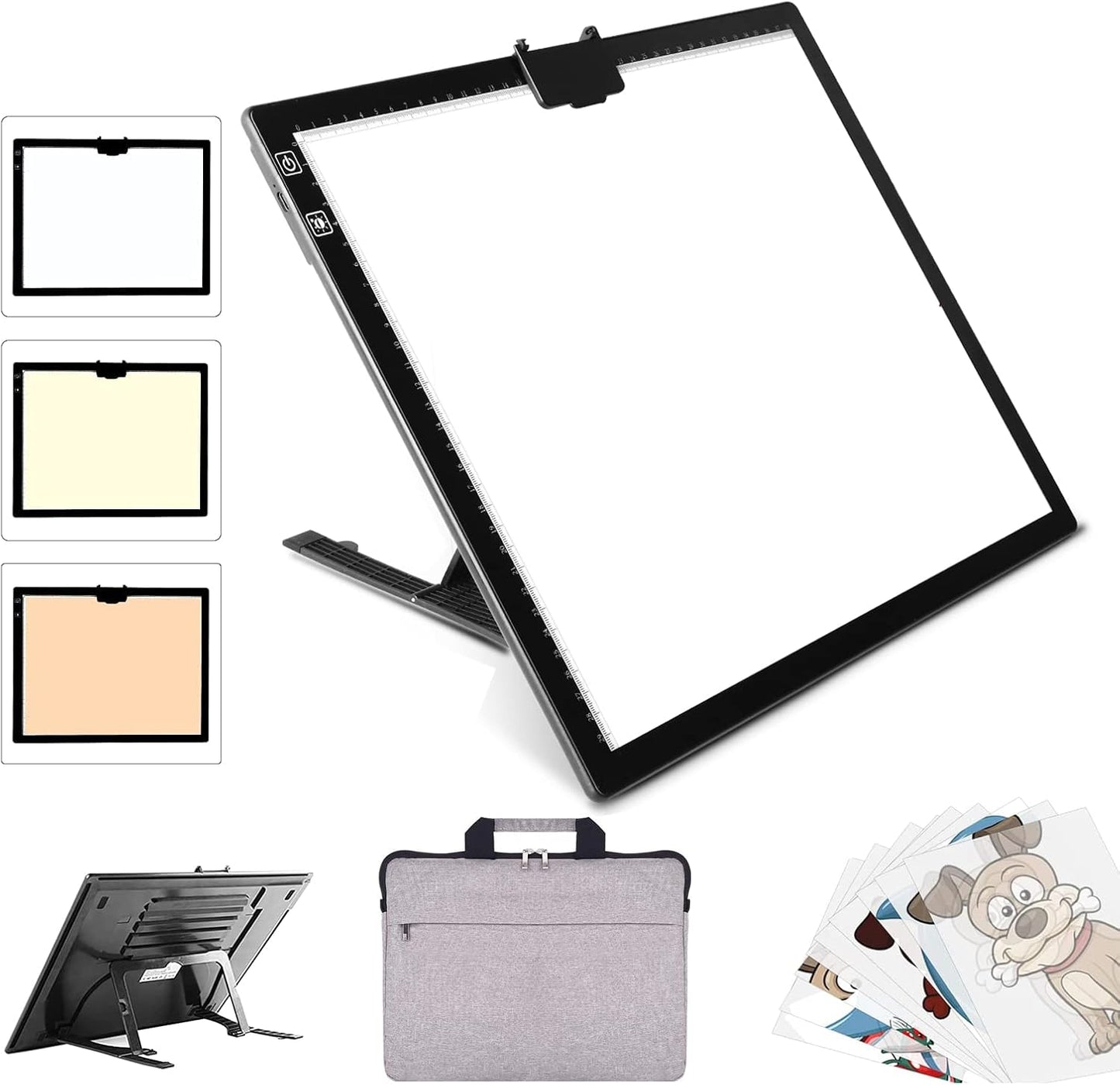 Rechargeable A3 LED Light Pad with Carry Bag, Adjustable Brightness Light Box with 3 Colors, Built-in Stand, 2500mAh Battery, Magnetic Clip, Light Board for Tracing Diamond Painting Sketching