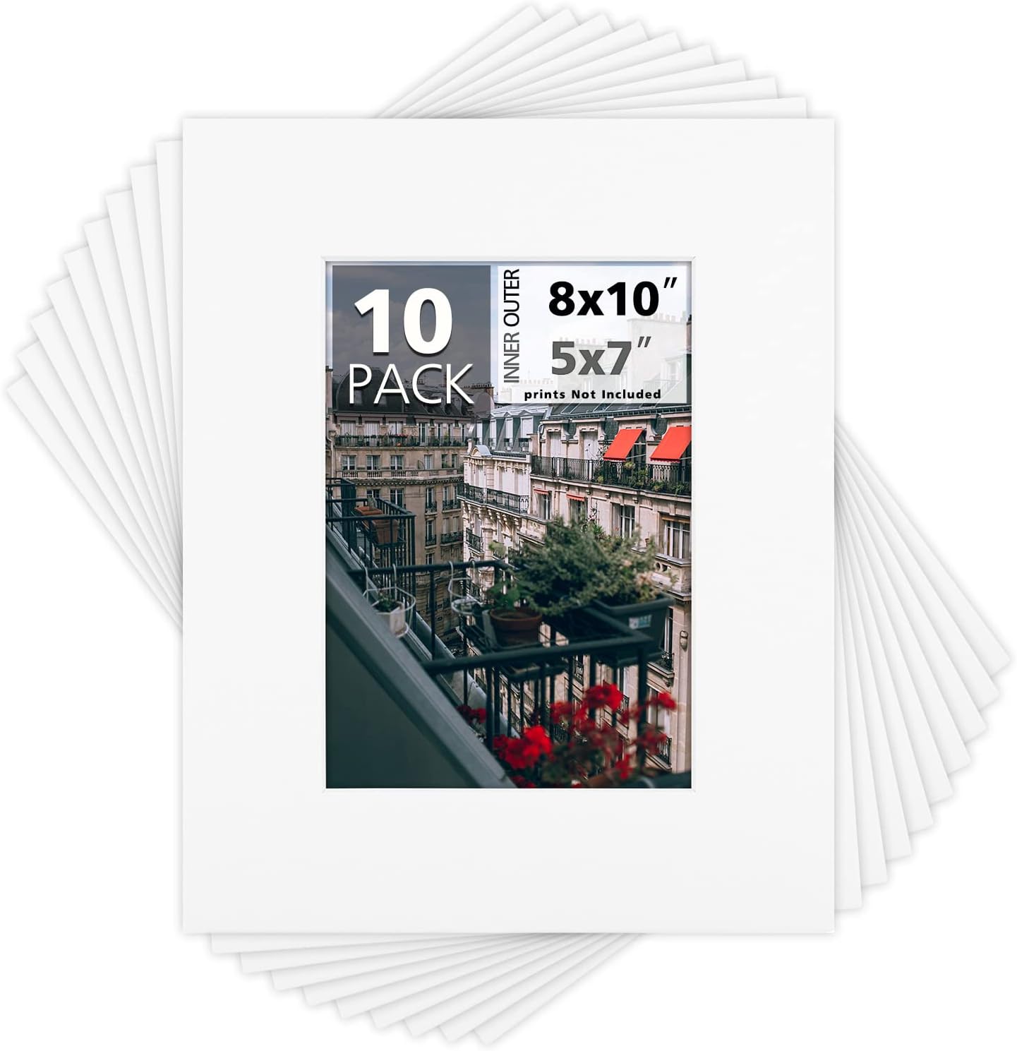 Mat Board Center, Pack of 10, 8x10 for 5x7 Off White Color Mats - Bevel Cut, Acid Free, 4-ply Thickness, White Core - for Pictures, Photos, Framing