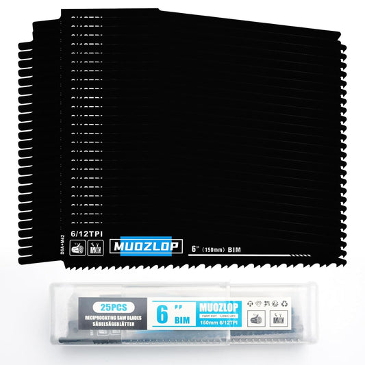 25 Pack 6inch Reciprocating Saw Blades Set,6/12TPI High Carbon Saw Blades, Metal Saw Blades with Organizer Case (25, 6/12TPI/150mm)