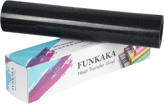 FUNKAKA Glitter Black HTV Heat Transfer Vinyl Rolls, 12" x 25ft PU Iron on Vinyl for T-Shirt Black Glitter HTV Vinyl for All Cutter Machines Easy to Cut & Weed for Heat Vinyl Design