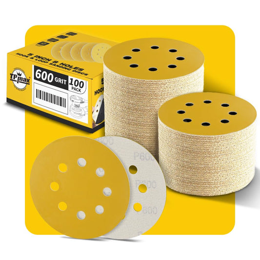 100PCS 5 Inch 600 Grit 125mm 8 Hole Sanding Discs Sandpaper - Premium Gold Round Hook and Loop for Random Orbital Sander - Ideal for Wood, Metal, Automotive
