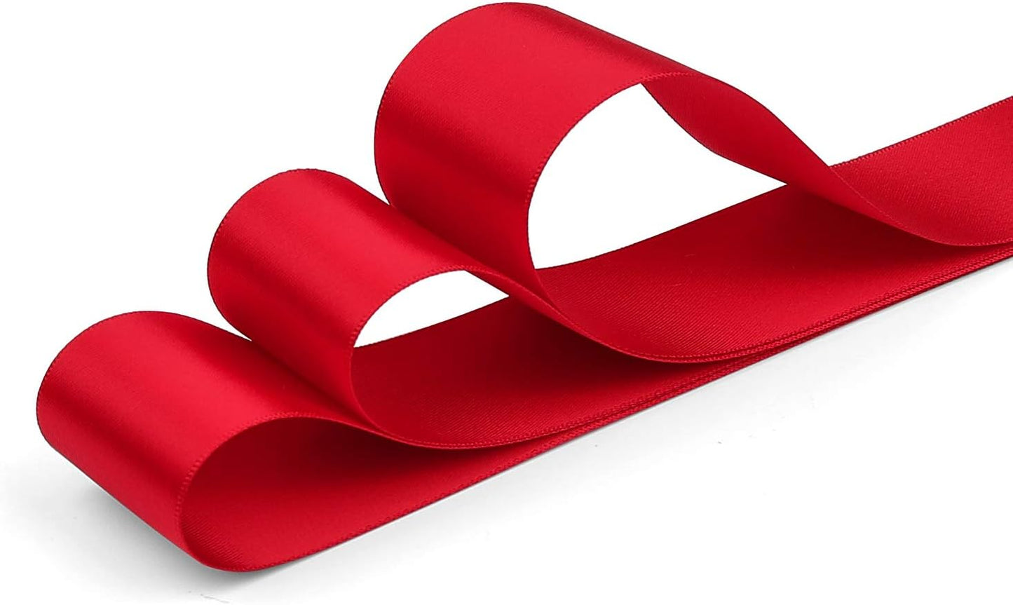Humphrey's Craft 1-1/2 Inch Red Satin Ribbon Double Faced 25 Yards, Thick Silk Ribbon for Crafts Gift Wrapping DIY Bows Bouquet Decoration Sewing Christmas Tree Wedding and Invitation Card.