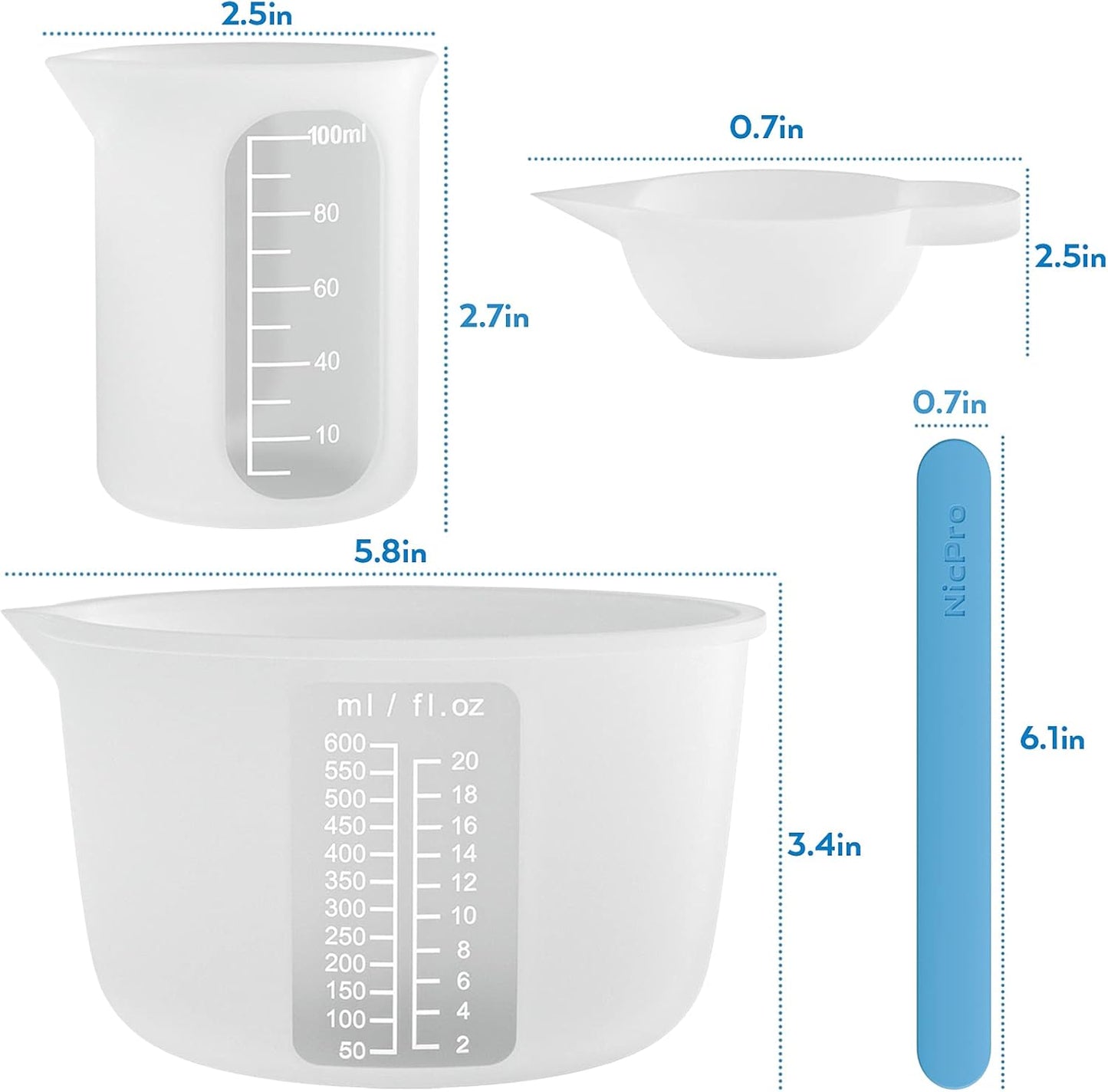 Large Silicone Resin Measuring Cups Tool Kit - Nicpro Reusable 600ml & 100ml Measure Cup, Silicone Stir Sticks Pipettes Finger Cots for Epoxy Resin Mixing, Molds, Jewelry Making, Waxing, Easy Clean