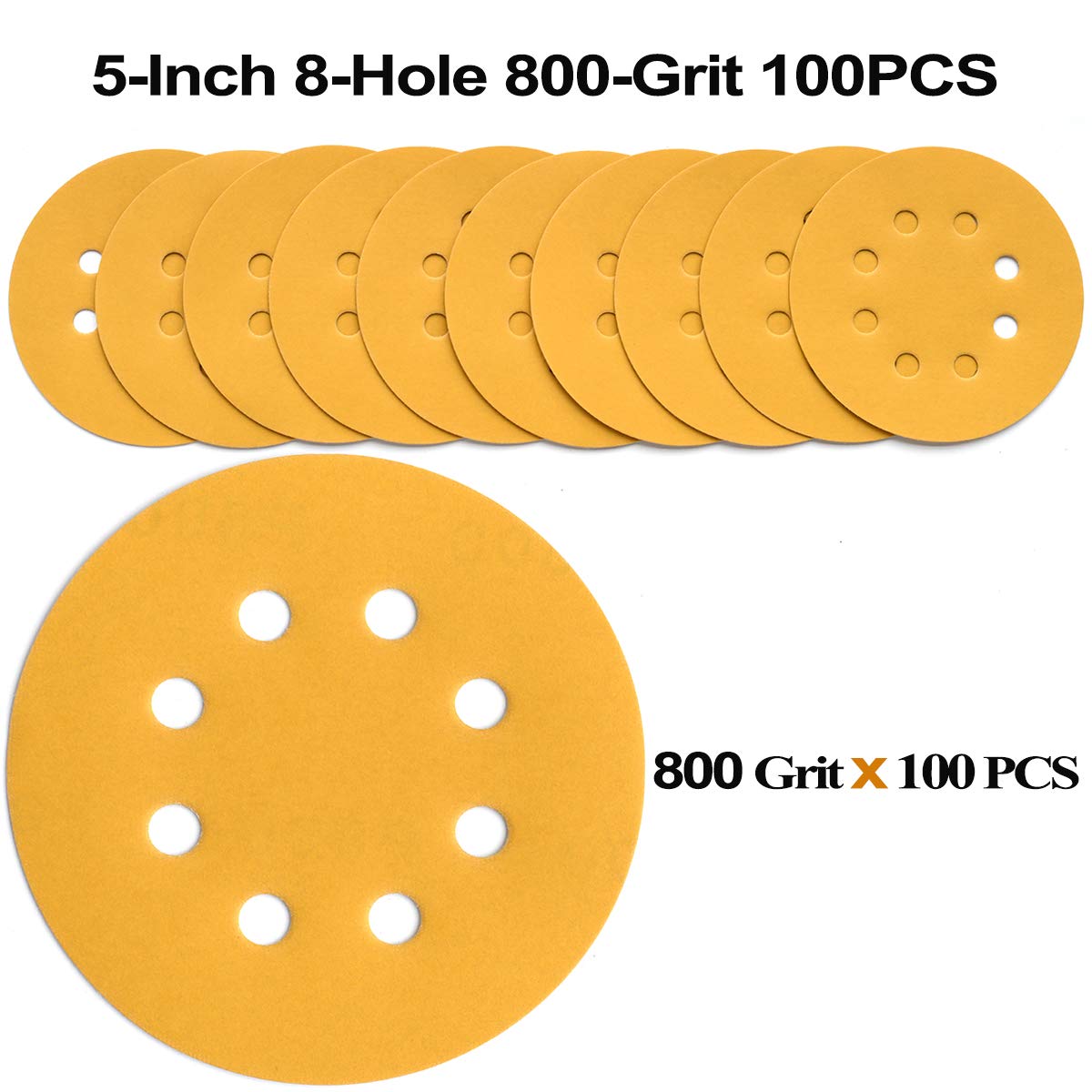 5-Inch 8-Hole Hook and Loop Sanding Discs 800-Grit Random Orbit Sandpaper, 100-Pack
