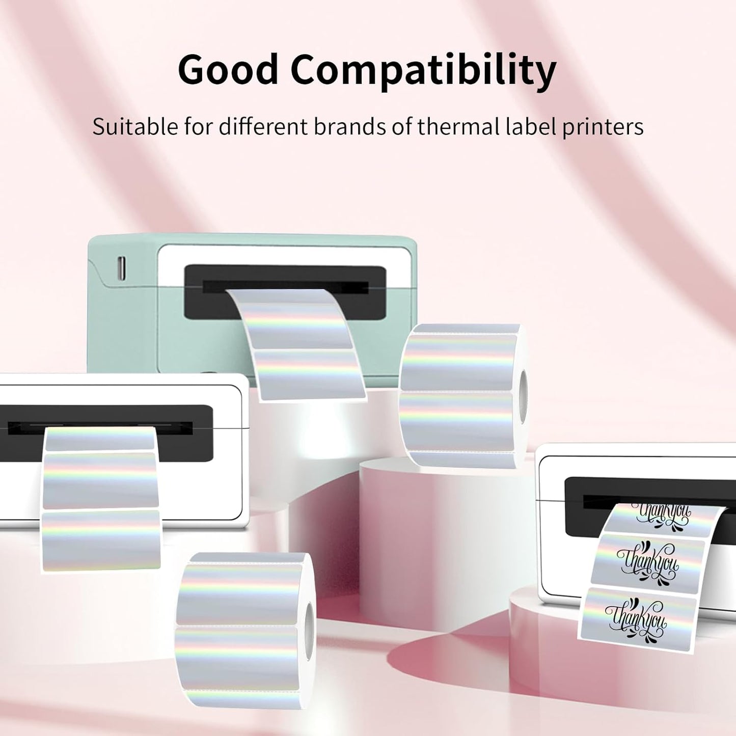 2x1 Inch Holographic Thermal Labels, Silver Glitter Thermal Printer Stickers, Waterproof Self-Adhesive Shipping Label Printer Sticker for Barcode, Name, Address, 300 Labels/Roll