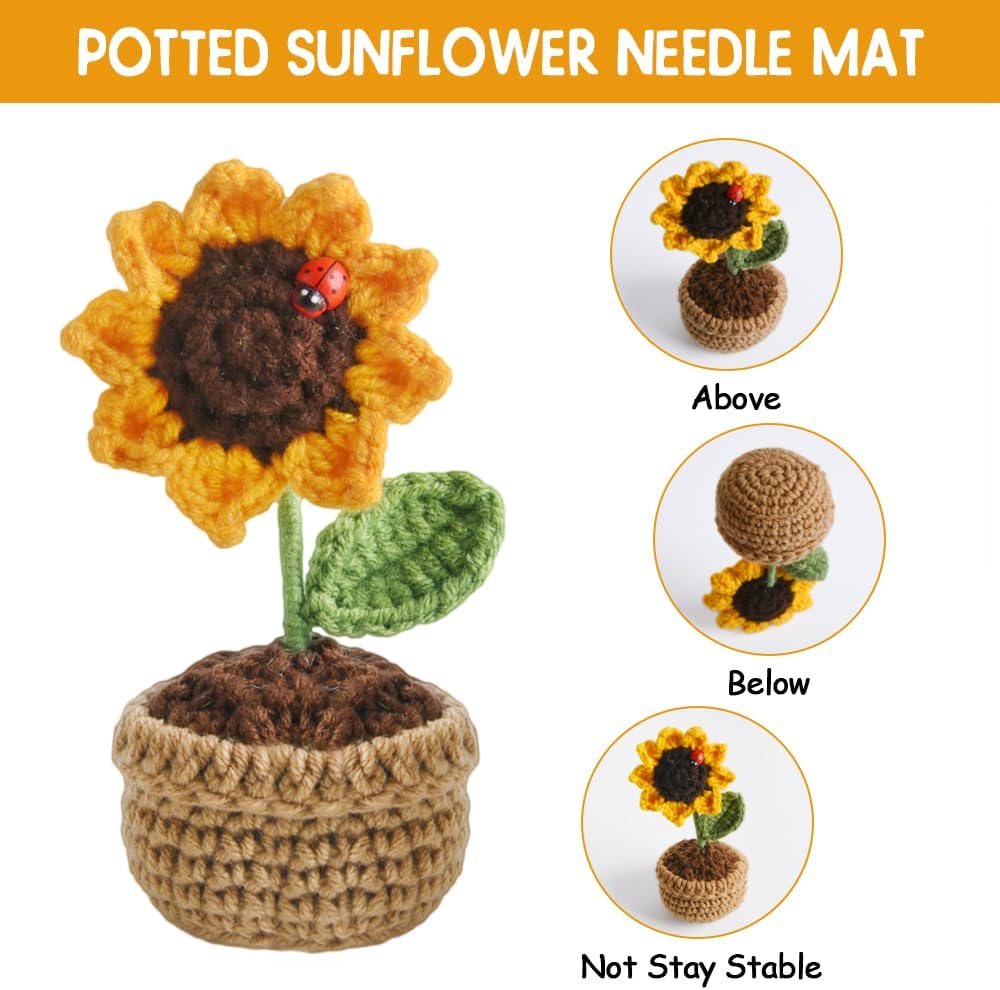 Sunflower Pin Cushion, Handmade Knitted Pincushions, Cute Pin Cushions Needle Holders for Sewing Quilting Accessory, DIY Crafts or Patchwork Decor.Flowerpot Design Sunflower