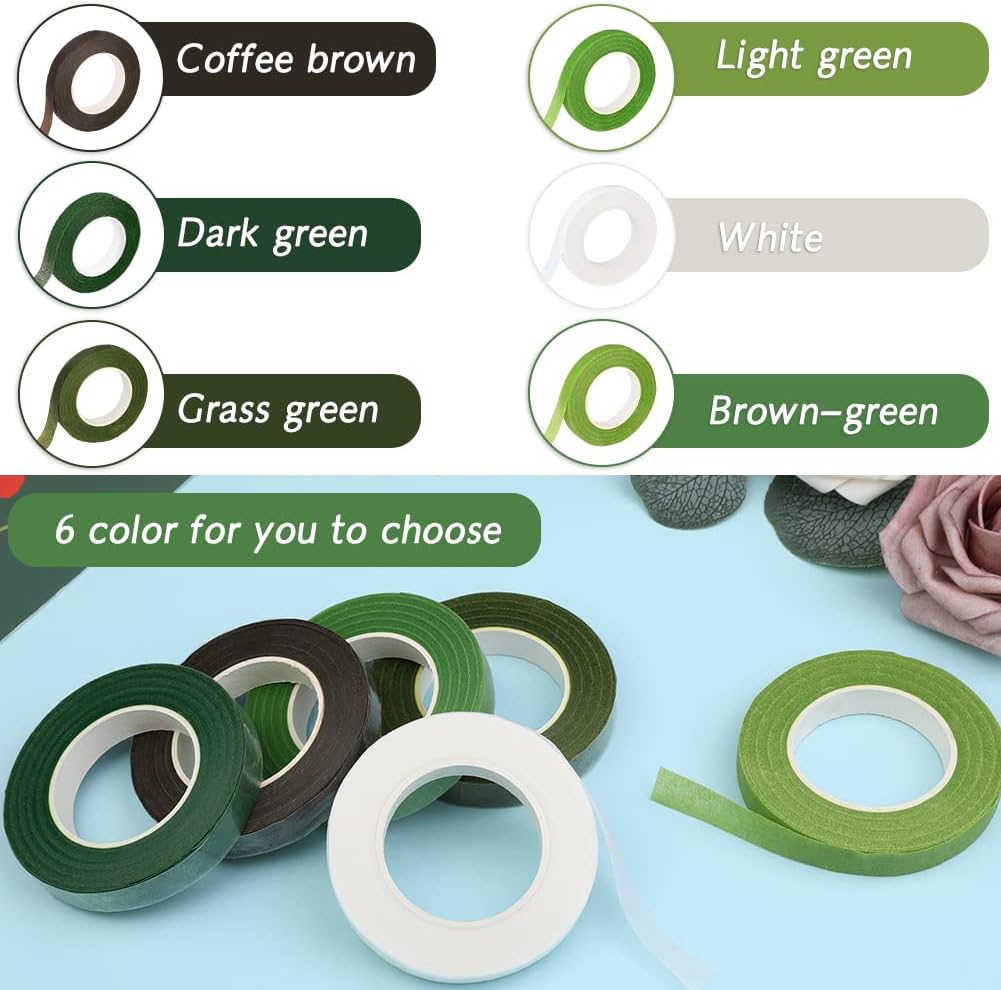 6 Rolls Floral Tape, 1/2" by 180 Yard Green Flower Tape, Flower Tape for Bouquet Stem Wrap Floral Arranging Craft Projects Corsages, Wedding Bouquet