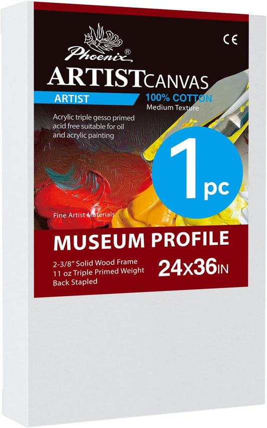 PHOENIX 24x36 Inch Museum Canvas - 2 3/8 Inch Thick Porfile Deep Large Stretched Canvas for Painting 1 Pack 100% Cotton 11 Oz. Gesso Primed White Blank Professional Canvas Oil & Acrylic Paints