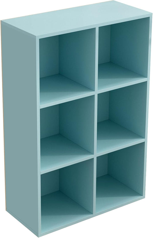 6-Cube Storage Shelf Bookcase - Wooden 3-Tier Floor Standing Open Bookshelf for Home and Office, Display Cabinet, Light Blue