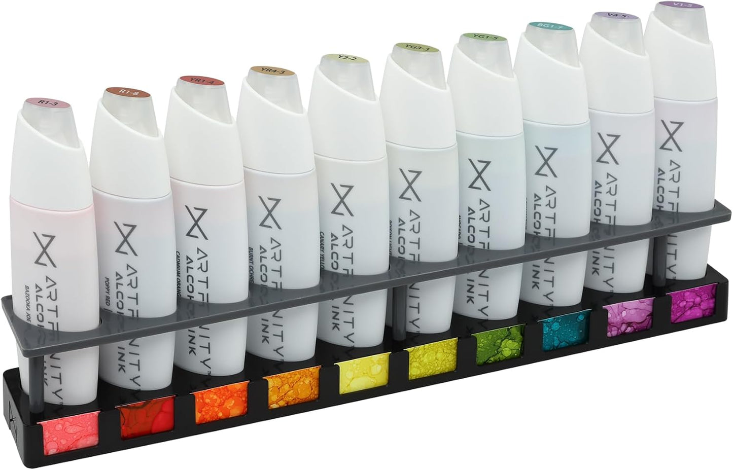 Artfinity Alcohol Ink Sweet Tooth Set of 10 Colors (25 ml) with Free Acrylic Stand - for Painting or Alcohol Marker Refill Ink, Acid-Free, Fast-Drying, Permanent, Transparent, Swatch Template