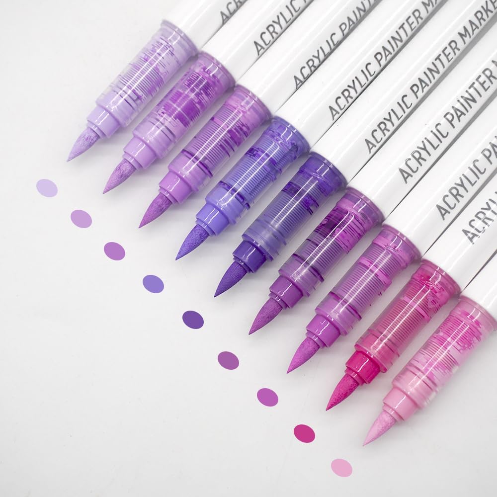 Water Based Acrylic Paint Markers, 9 Colors Acrylic Paint Pens Set with Soft Brush Tip, Marker Pen for Rock Painting, Egg, Wood, Glass, Paper, Mugs, Acrylic Painter Ink (Purple Series)