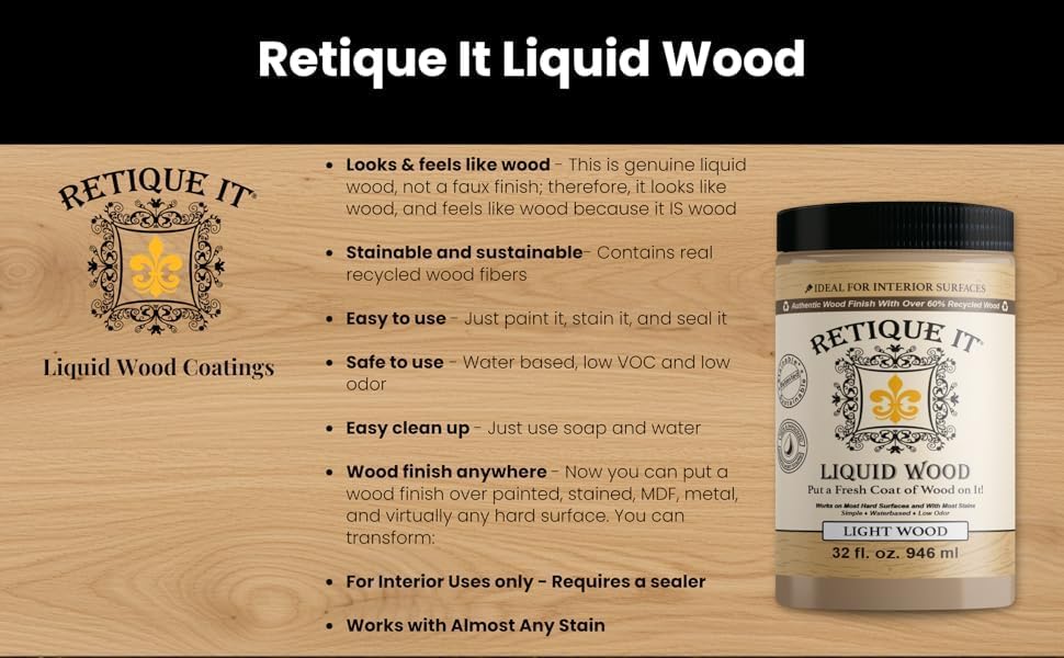 Retique It New and Improved Formula Liquid Wood Coatings - Stainable Primer - Paint It then Stain it (Light Wood, Medium)