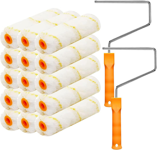 15 Pcs Paint Roller Cover with 2 Frame Set, 6 inch Microfiber Roller Covers, Washable Covers for Roller Frame, House Painting Supplies, Naps for Paint Roller Brush for Painting Walls Ceilings
