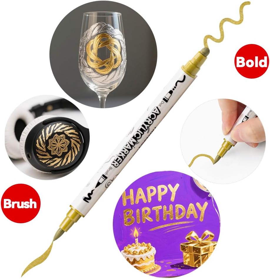 TRANSON 2 Gold, 2 Silver, 2 Black and 2 White Paint Markers Brush and Bold Dual-tip Acrylic Paint Marker Set for Rock Painting Glass Canvas Wood Leather Ceramic Painting