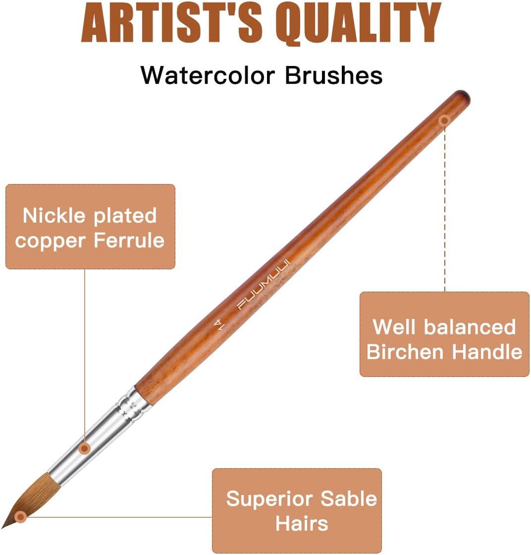 Sable Watercolor Brushes Professional, Fuumuui 8Pcs Sable Brush Set Variety Shapes with Flat, Round Pointed, Liner, Cat's Tongue Oval Wash Perfect for Watercolor Acrylic Gouache Inks Painting