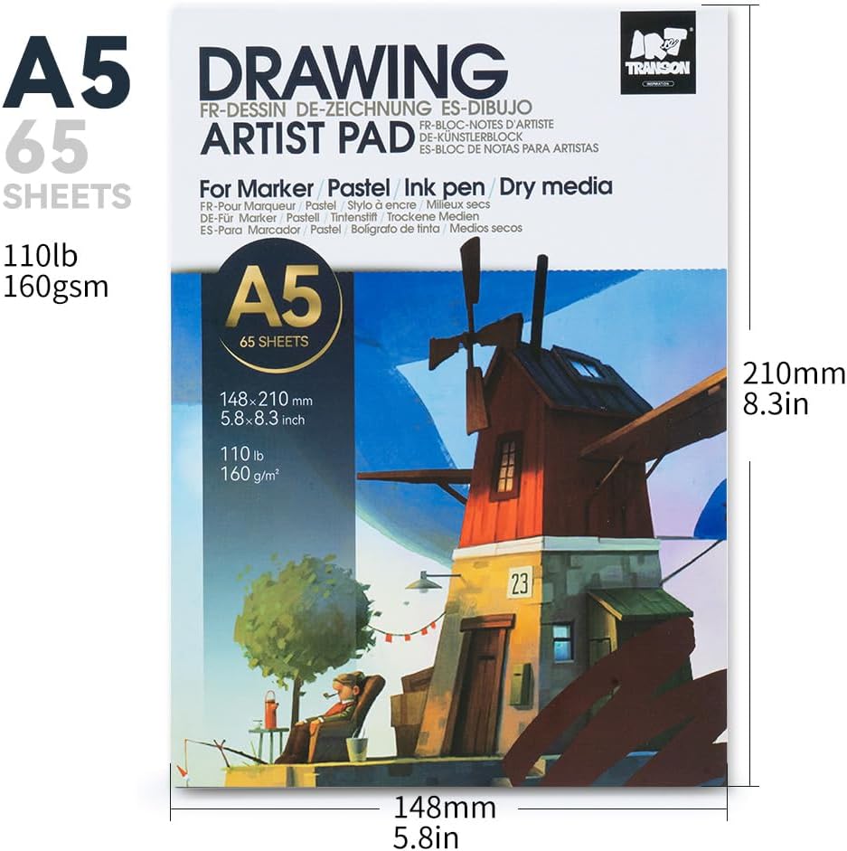 TRANSON Artist Mix Media Sketchbook Marker Pad, 5.8”x8.3” 65 Sheets A5 Art Papers, 110lb/160gsm for Painting, Drawing and Sketching