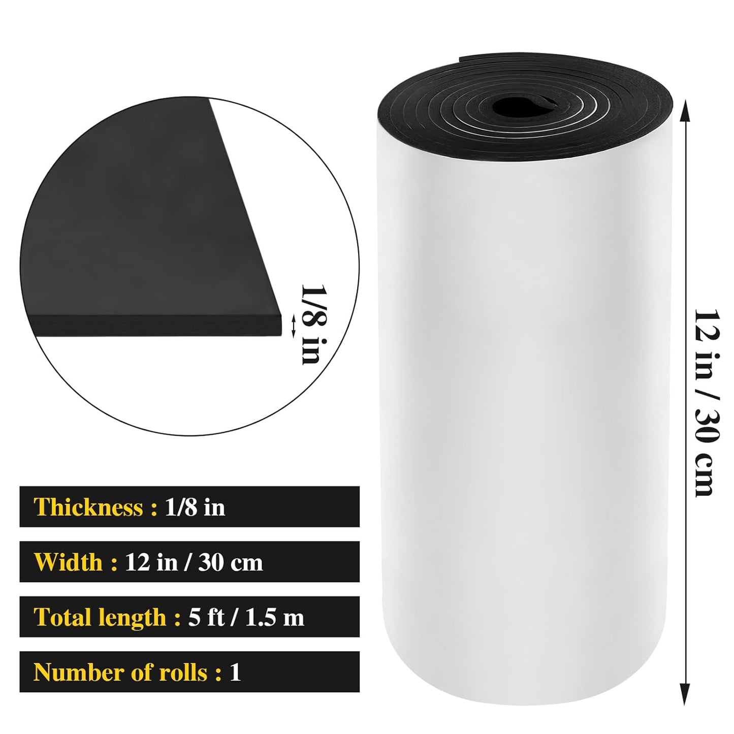 Adhesive Foam Roll Neoprene Sponge Foam Sheet Roll Closed Cell Insulation Closed Cell Foam Sheet Soundproof Foam Padding (Black, 12x59x1/8 Inches)