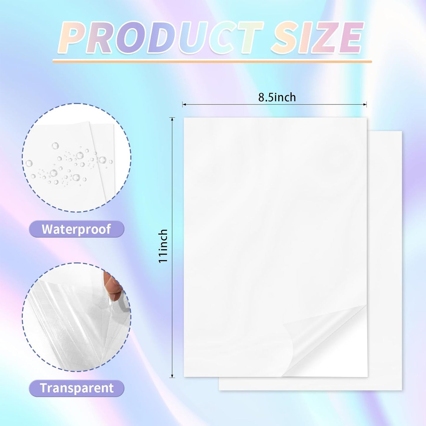 20 Sheets Holographic Sticker Paper,8.5x11 Inch Clear Printable Vinyl Sticker Papers,Self-Adhesive Waterproof for Inkjet/Laser Printer（Clear）