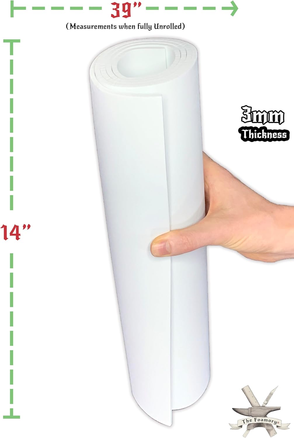 Shape Retention EVA Cosplay Foam - 3mm Thick (1-10mm) White 14”x39” High Density EVA Craft Foam Sheets - Premium 85 kg/m3 Heat Shape Material for DIY, Comic, Con or Halloween Costumes - The Foamory