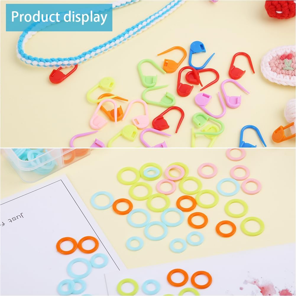 LUNARM 340 Pcs Stitch Ring Markers and Colorful Knitting Crochet Locking Counter Stitch Needle Clips with 2 Storage Boxes for Handicraft Weaving Sewing