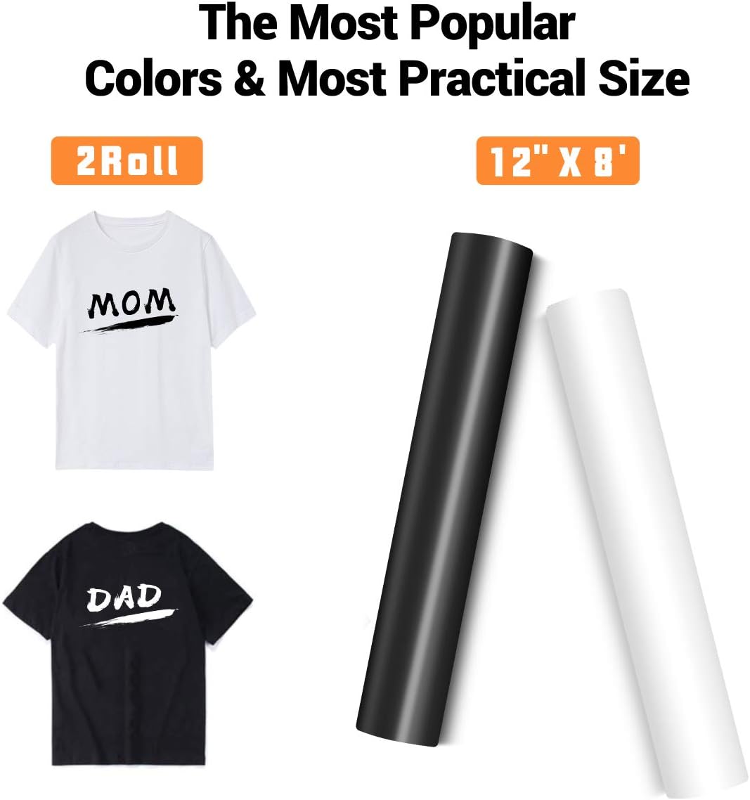 HTVRONT Heat Transfer Vinyl Rolls - 2 Pack 12" x 8ft Black and White HTV Vinyl for Shirts, Iron on Vinyl for All Cutting Machine - Easy to Cut & Weed for Heat Transfer Design (Black and White)