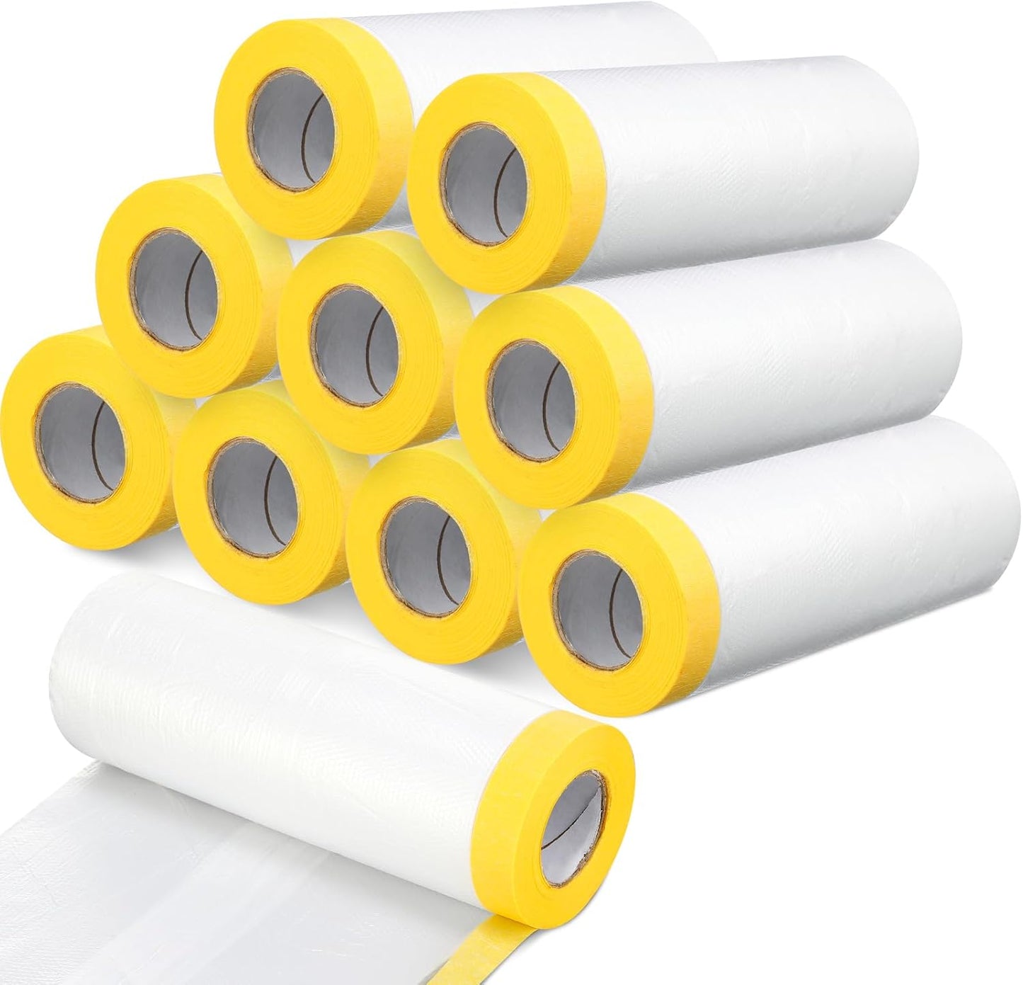 Seajan 9 Roll Painters Plastic with Tape Pre Taped Masking Film for Painting Automotive Paint Adhesive Protective Film Masking Tape Roll Plastic Painting Covering (White,5 x 65 Ft)