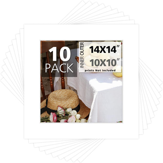 Mat Board Center, Pack of 10, 14x14 for 10x10 White Photo Picture Mats - Acid Free, 4-ply Thickness, White Core - for Pictures, Photos, Framing