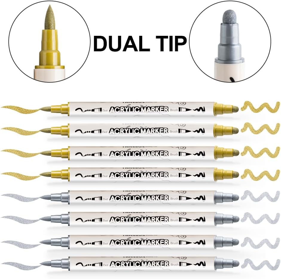 TRANSON 4 Silver and 4 Gold Paint Markers Brush and Bold Dual-tip Acrylic Paint Marker Set for Rock Painting Glass Canvas Wood Leather Ceramic Painting