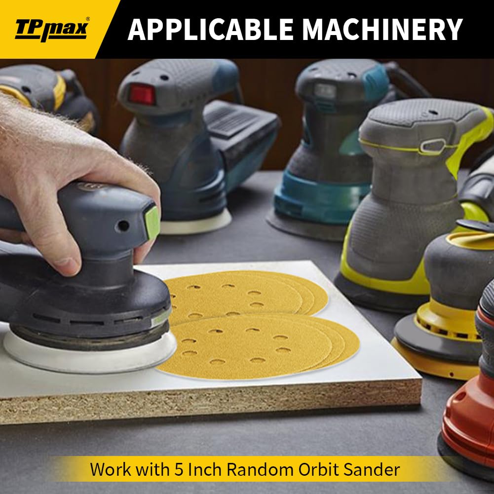 100PCS 5 Inch 180 Grit 125mm 8 Hole Sanding Discs Sandpaper - Premium Gold Round Hook and Loop for Random Orbital Sander - Ideal for Wood, Metal, Automotive