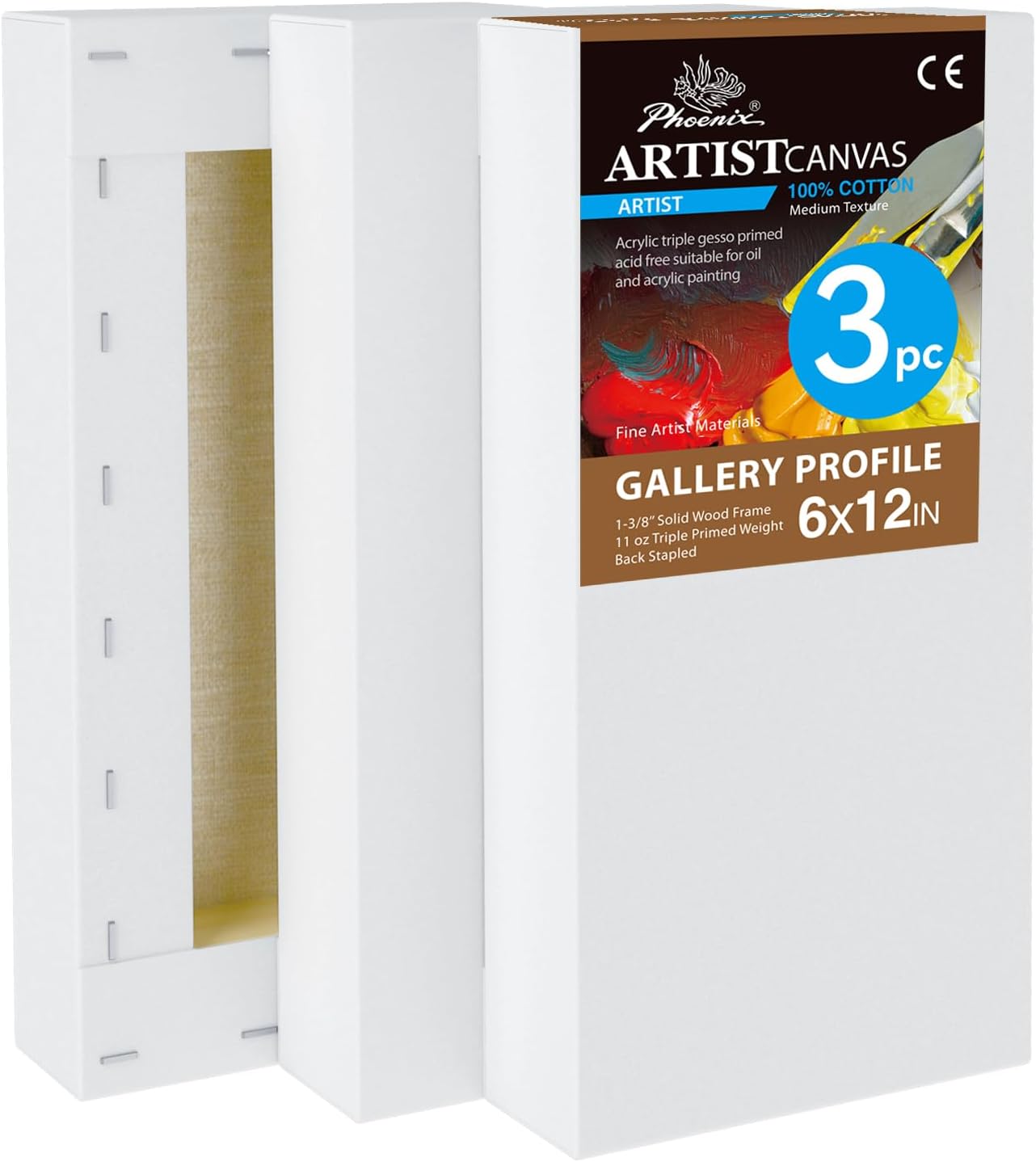 PHOENIX 6x12 Inch 3 Pack Gallery Canvas - Small Long 1.5 in Thick Canvases for Painting - Deep Edge 100% Cotton 11 Oz. Gesso Primed White Blank Professional Canvas Oil & Acrylic Paints