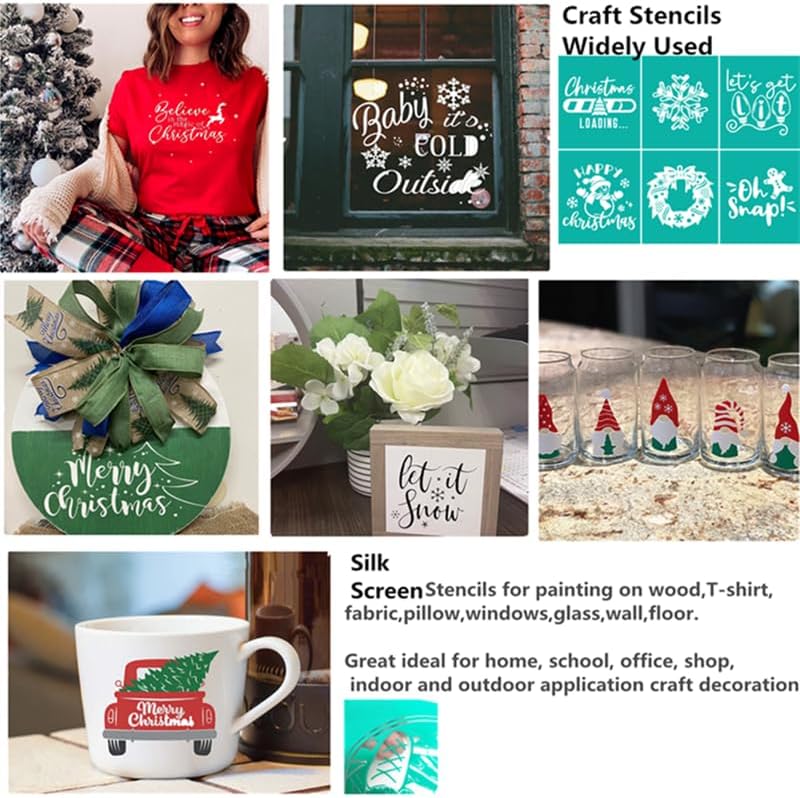 Cozy Christmas Stencil Reusable Self Adhesive Silk Screen Stencil Chalk Paste Stencil Crafts on Wood, Fabric, Winter Silk Screen Transfer for Coffee Bar/Office/Home, Indoor Outdoor Christmas Decor
