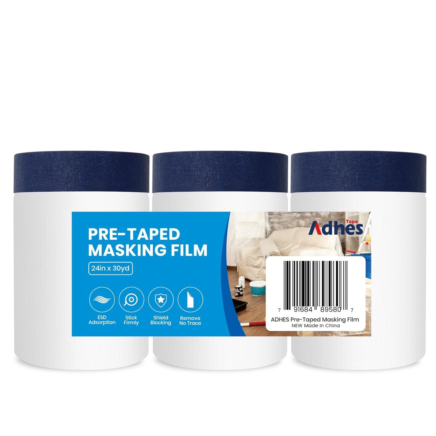ADHES Painters Plastic with Tape, 24 inch x 90 feet x 3 Rolls Painters Tape with Plastic Attached, Pre Taped Masking Film Tape and Drape for Automotive Painting Covering