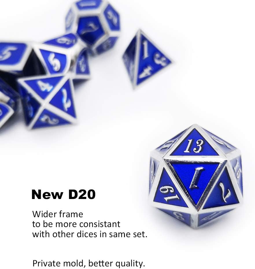 Haxtec Metal Dice Set D&D Silver Navy Blue Metal Polyhedral DND Dice for Dungeons and Dragons-Glossy Enamel Dice (Silver Navy Blue)