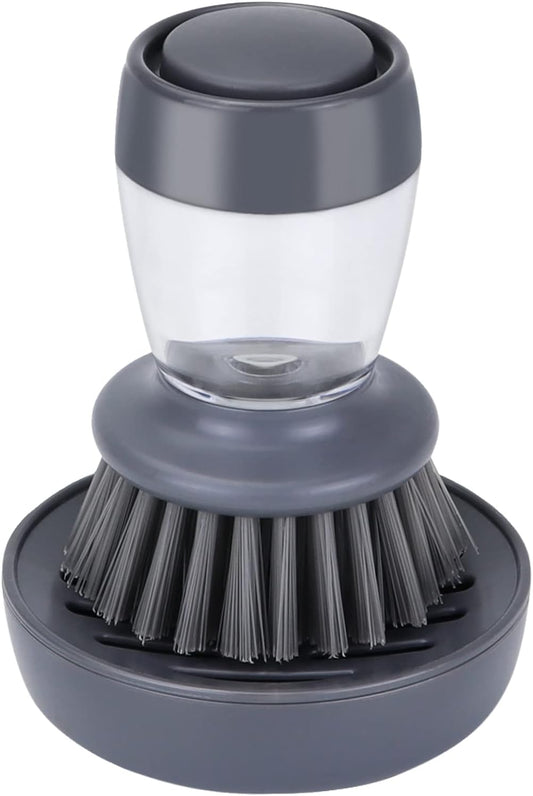Dish Brush with Soap Dispenser, Kitchen Scrub Brush for Dishes Pots Pans Sink Cleaning, Dish Scrubber with Holder Set (Grey Handle & Nylon Bristles)