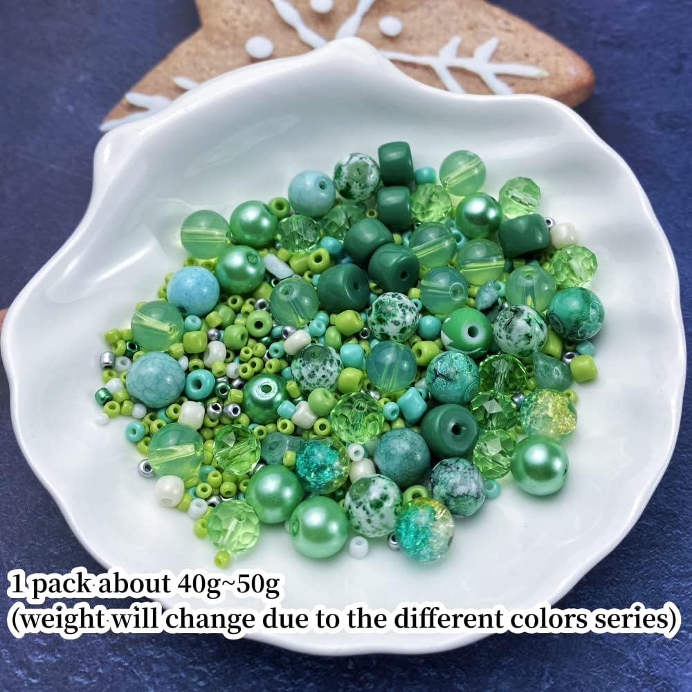 Assorted Glass Resin Beads Multi Size Colors Smooth Cracked Gravel Millet Spacer Beads for Bracelets Necklace Earring DIY Jewelry Making Craft(Light Green Series)