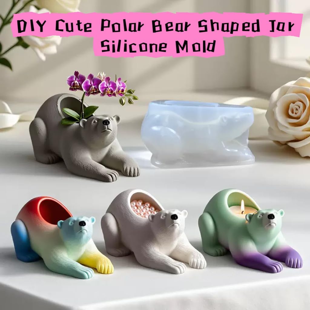 Animal Resin Molds Silicone 3D Cute Polar Bear Epoxy Resin Plaster Candle Holder Wax Molds for Candle Making, Art Crafts DIY Unique Display Home Decor