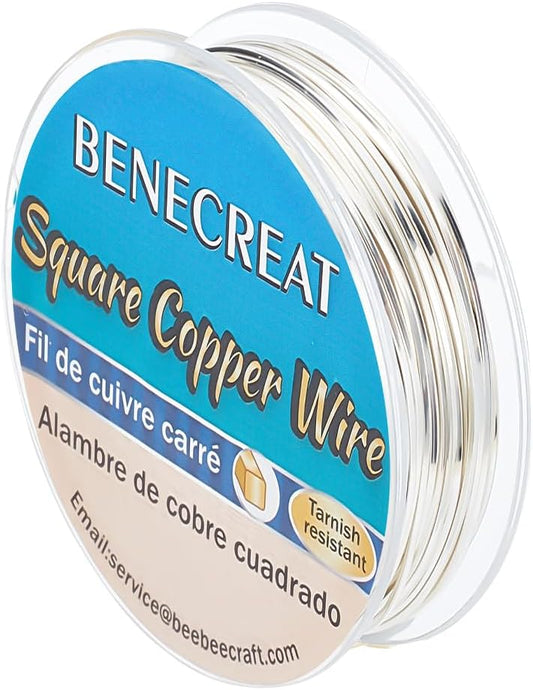 BENECREAT 33 Feet 21Gague Square Copper Wire, Silver Craft Copper Wire Tarnish Resistant Jewelry Wire for Jewelry, Hobby Craft Making, Floral, Decorations