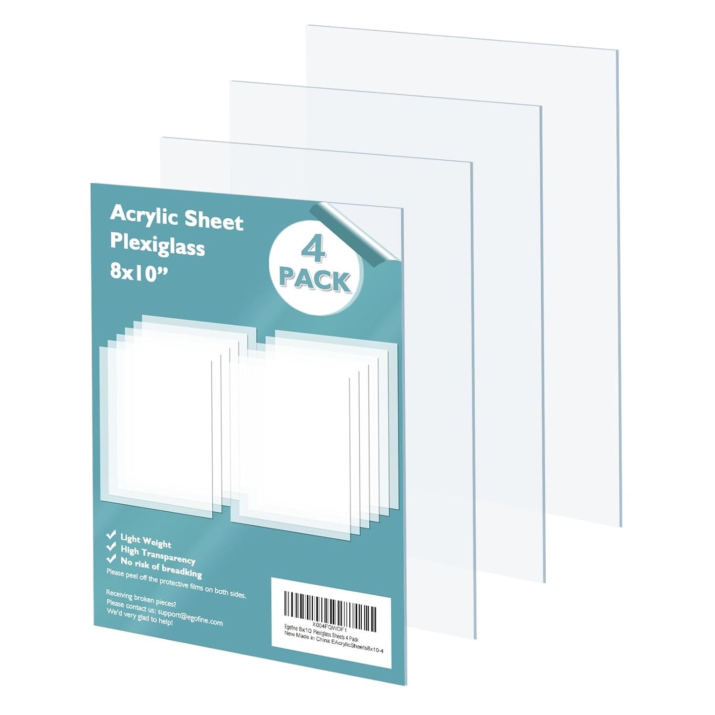 Egofine Plexiglass Sheets Acrylic Sheets 4 Pack of 8x10’’ 0.04 Thick Clear Plastic Cast Transparent Plexi Glass for Crafting Projects, Replacement Picture Frame Glass, DIY Display, Easy to Cut