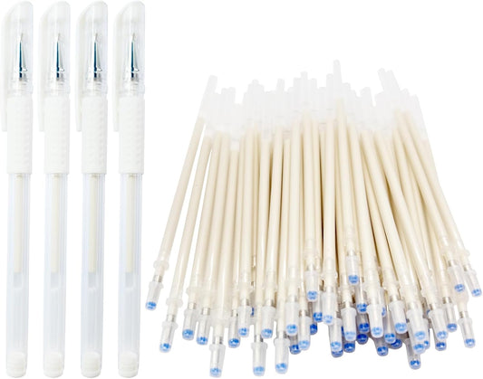 Heat Erasable Fabric Marking Pens for Sewing & Quilting | 4 White Pens + 50 White Refills | Disappearing Ink for Precise Marking, Sewing Supplies, Embroidery, DIY | Extra High Capacity