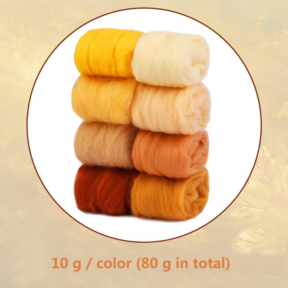 Wonvoc 2.82 oz Needle Felting Wool, 80 g Nature Wool Roving Yarn, Needle Felting Wool Bulk, Hand Spinning Wool Roving Wool Yarn for DIY Craft Materials and Felting Wool Craftsmen, 10g/Color (Autumn)