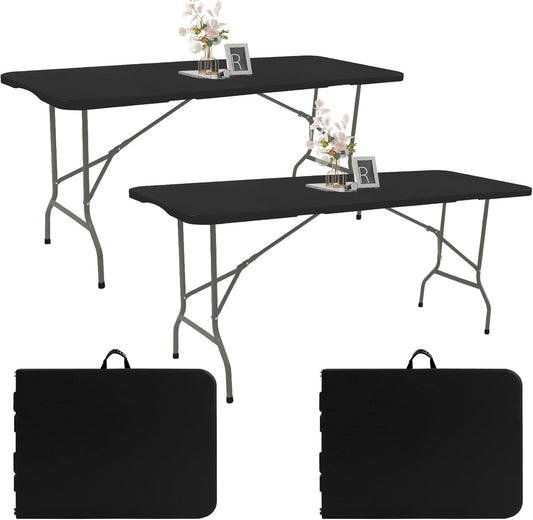 2 Pack 6 FT Folding Tables Black Foldable Table, Fold-in-Half with Carrying Handle Portable Plastic Rectangular Table for Party, Dining, Wedding, Camping, Picnic, Indoor Outdoor Events